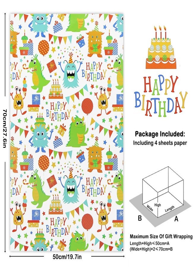 Boerni Happy Birthday Little Monsters Wrapping Paper Set of 4 Sheets Folded Flat 20x28 inches Per Sheet For Boys Kids Girls Men Women, Colorful Gift Wrap Paper For all Birthday Party Baby Shower Kindergarten Celebrating Occasions - Image 2
